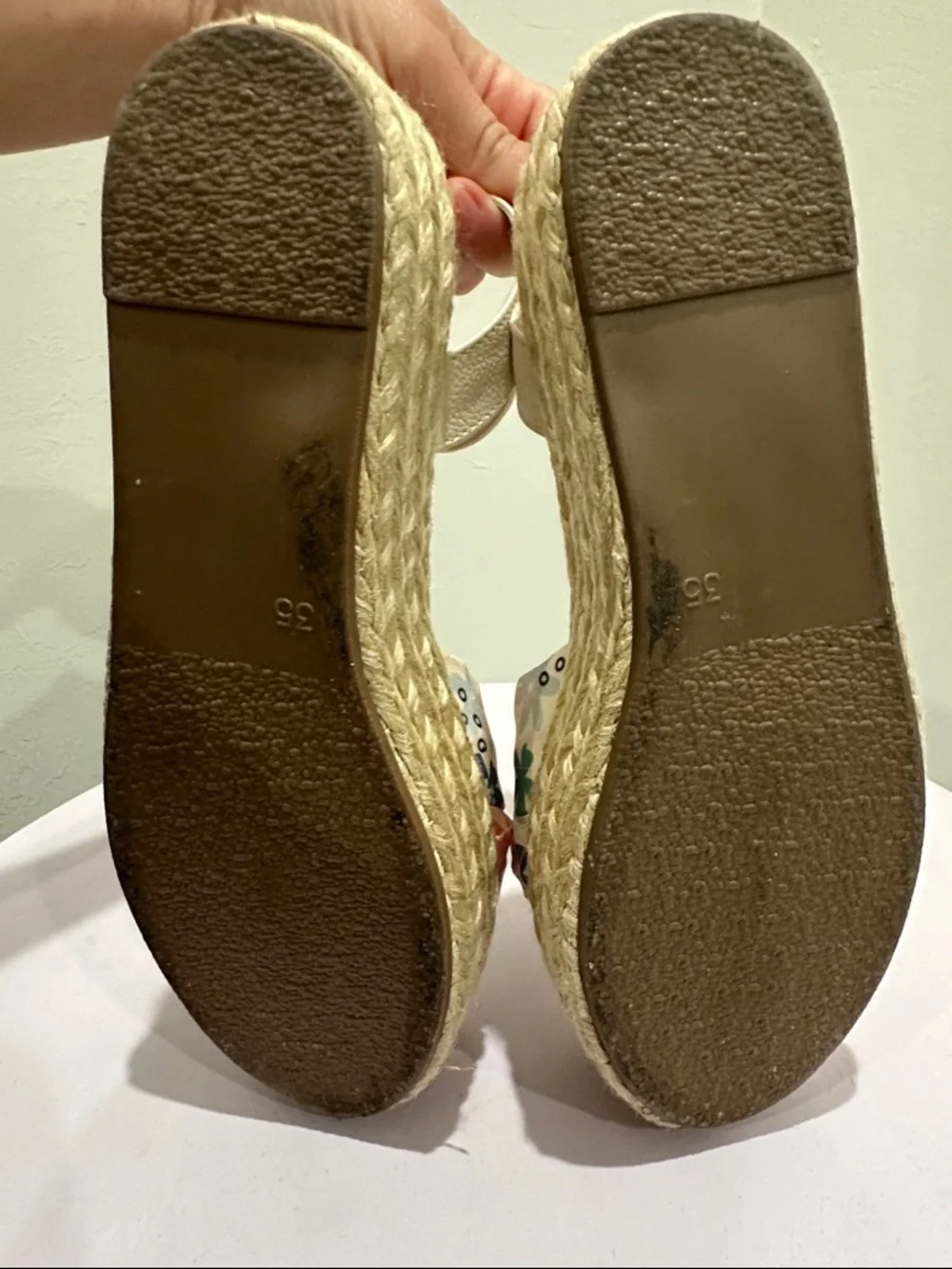 Floral Bow Espadrille Wedge Sandals — Cream with Pink & Blue Accents